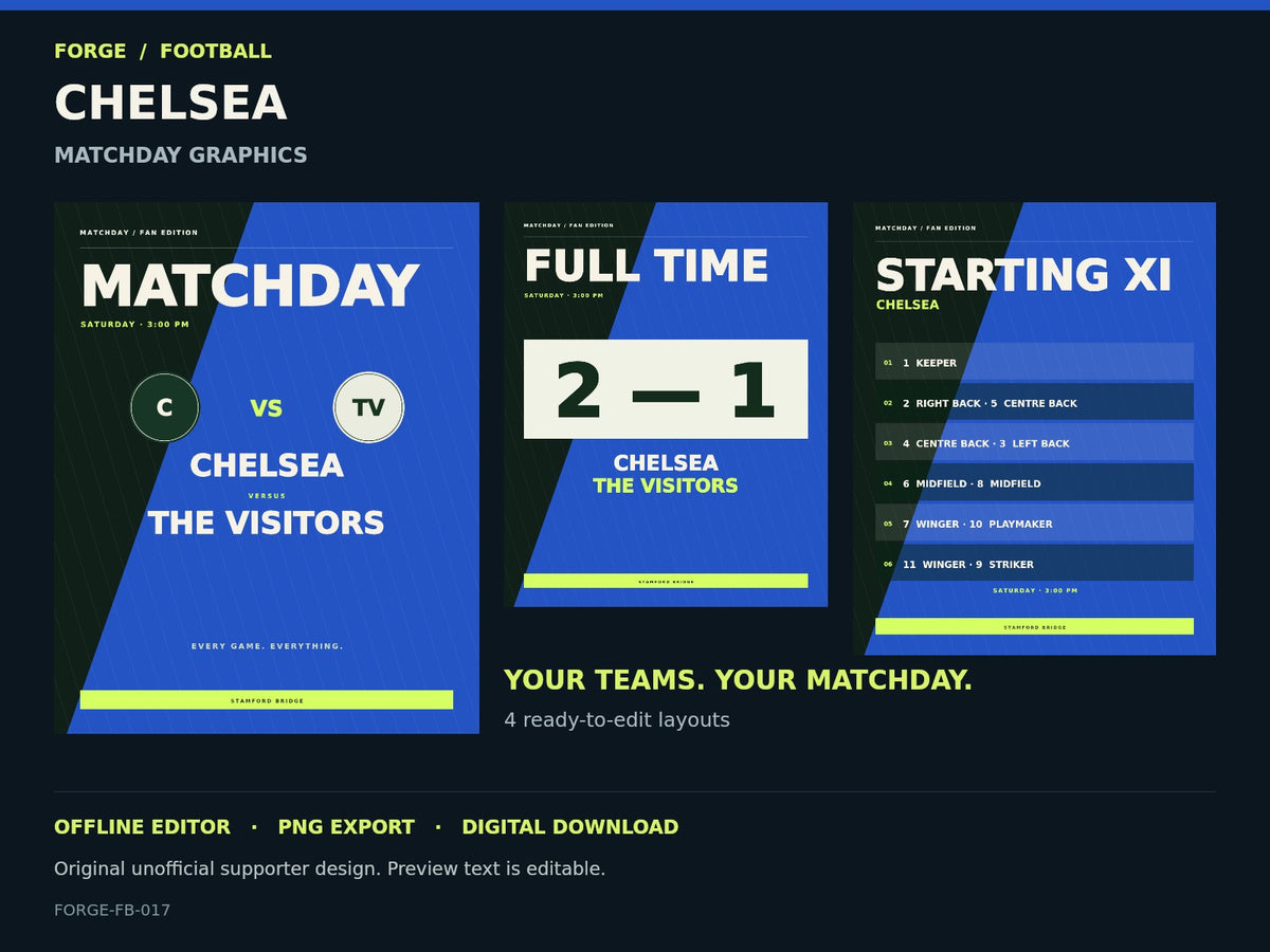 Chelsea Supporter Matchday Graphics Studio; actual editable designs; unofficial digital product