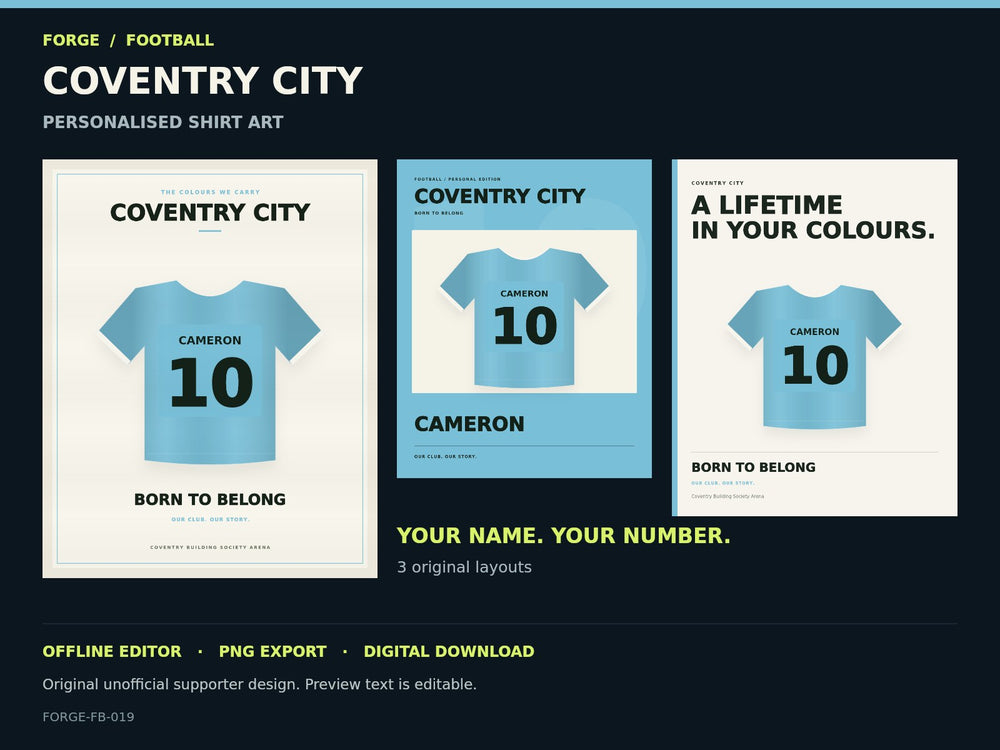 Coventry City Supporter Shirt Name Studio; actual editable designs; unofficial digital product