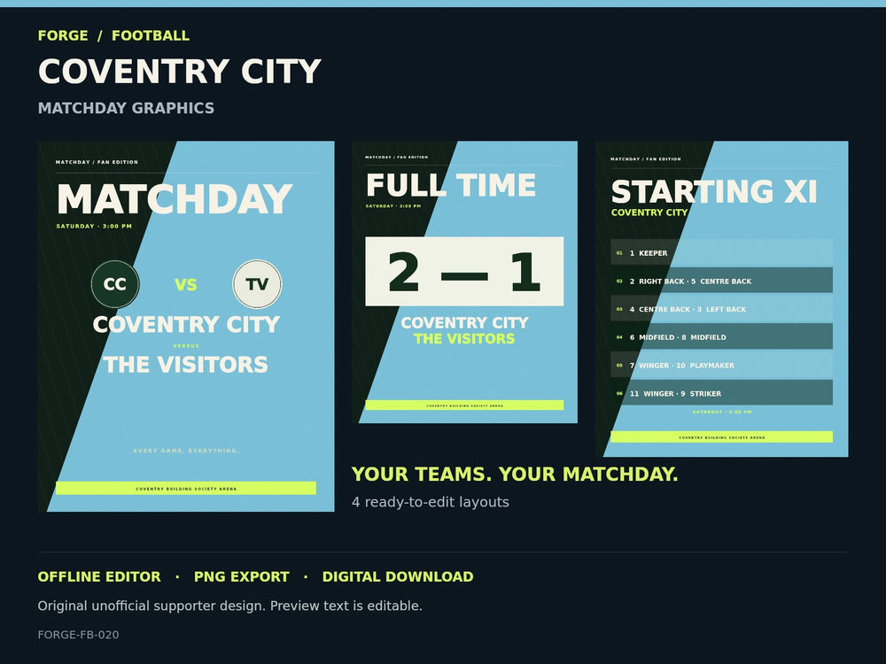 Coventry City Supporter Matchday Graphics Studio; actual editable designs; unofficial digital product