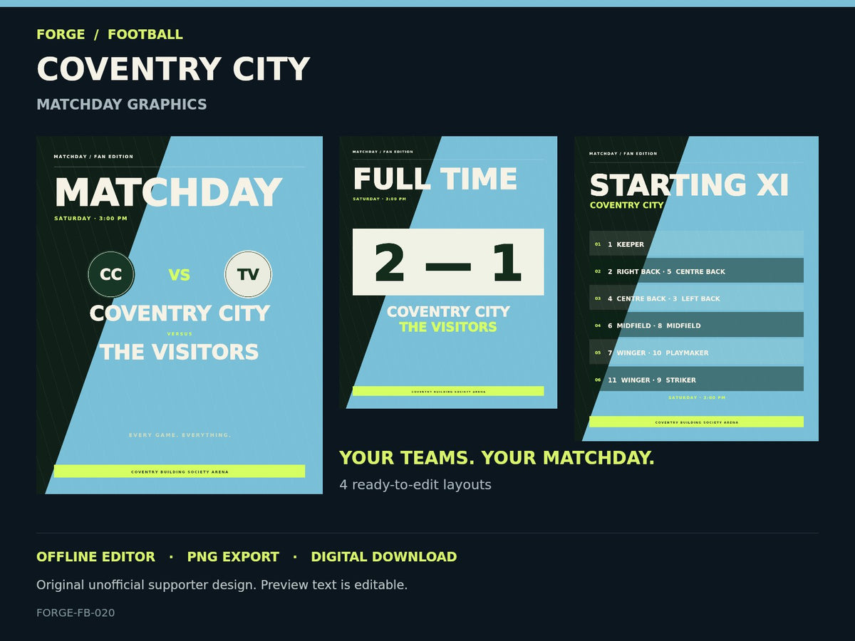 Coventry City Supporter Matchday Graphics Studio; actual editable designs; unofficial digital product