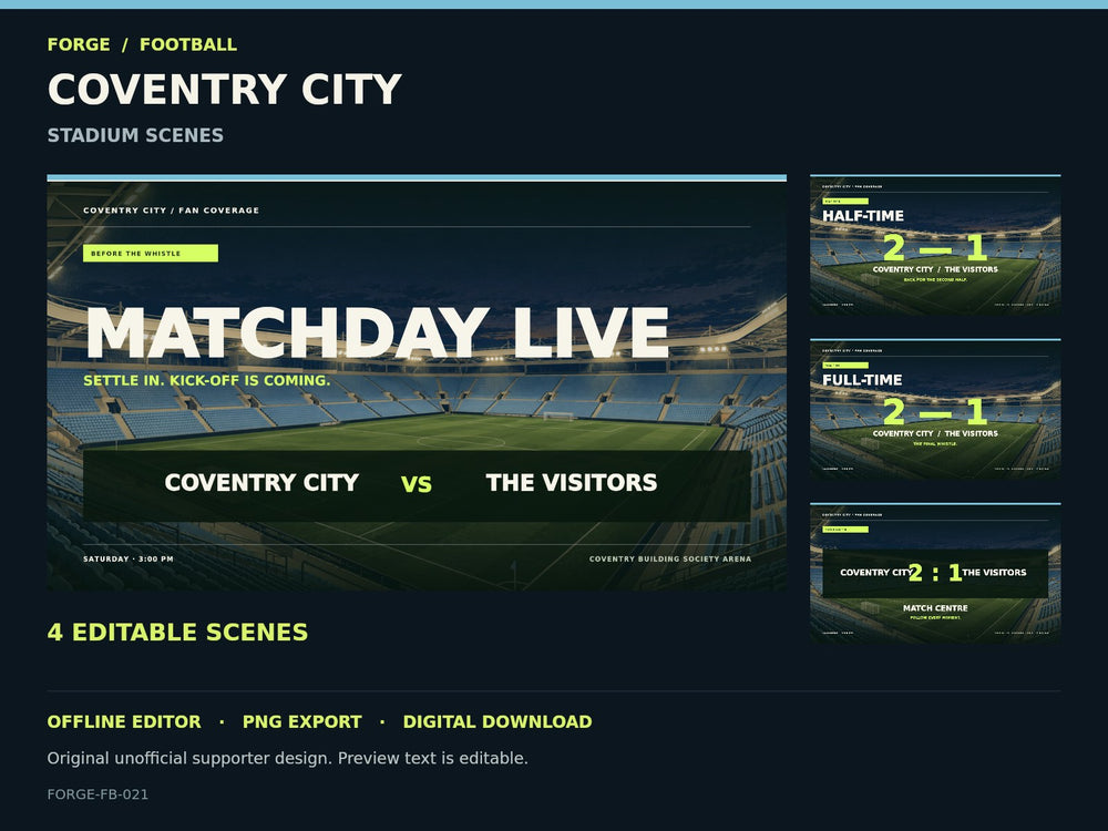 Coventry City Supporter Stadium Scene Studio; actual editable designs; unofficial digital product