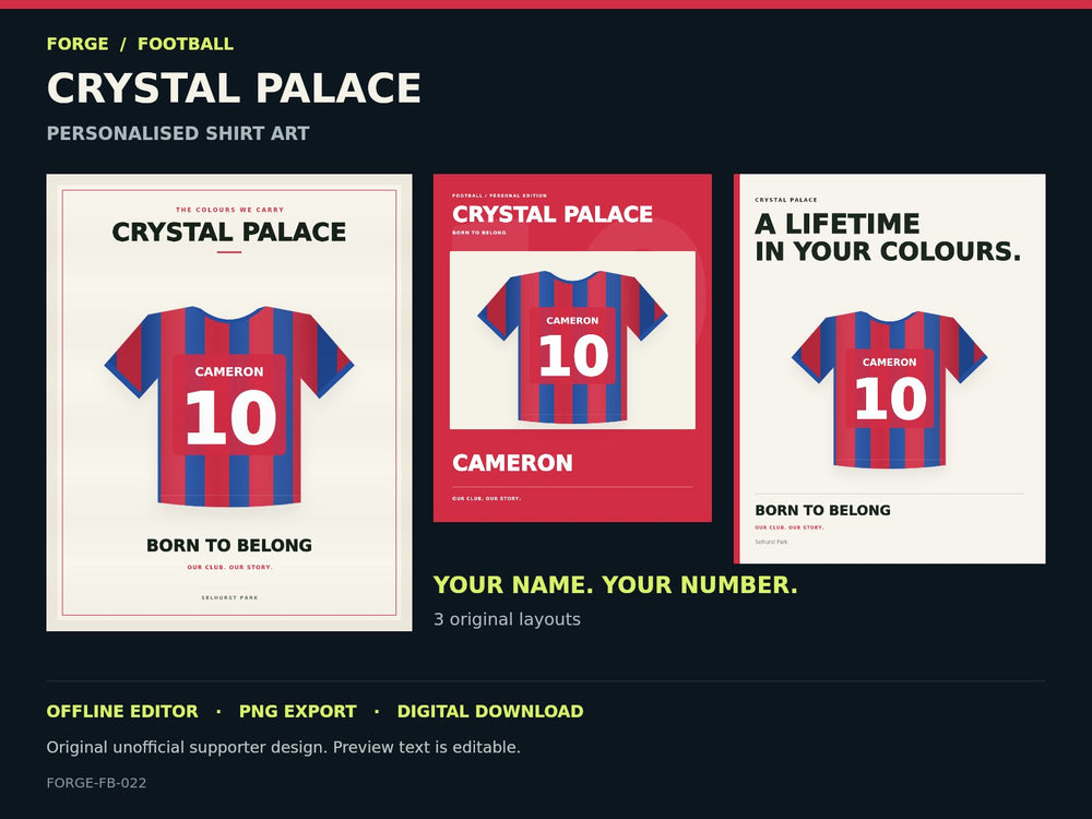 Crystal Palace Supporter Shirt Name Studio; actual editable designs; unofficial digital product