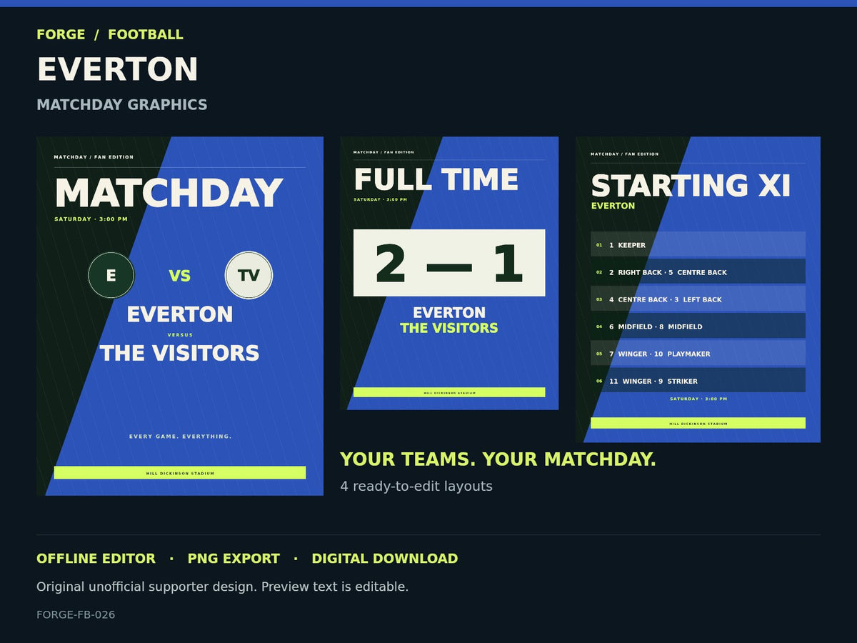 Everton Supporter Matchday Graphics Studio; actual editable designs; unofficial digital product