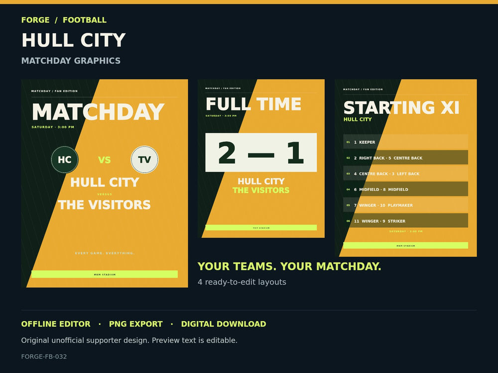 Hull City Supporter Matchday Graphics Studio; actual editable designs; unofficial digital product