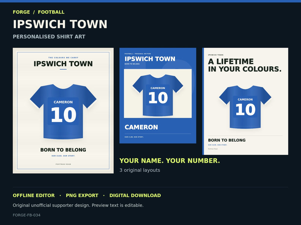 Ipswich Town Supporter Shirt Name Studio; actual editable designs; unofficial digital product