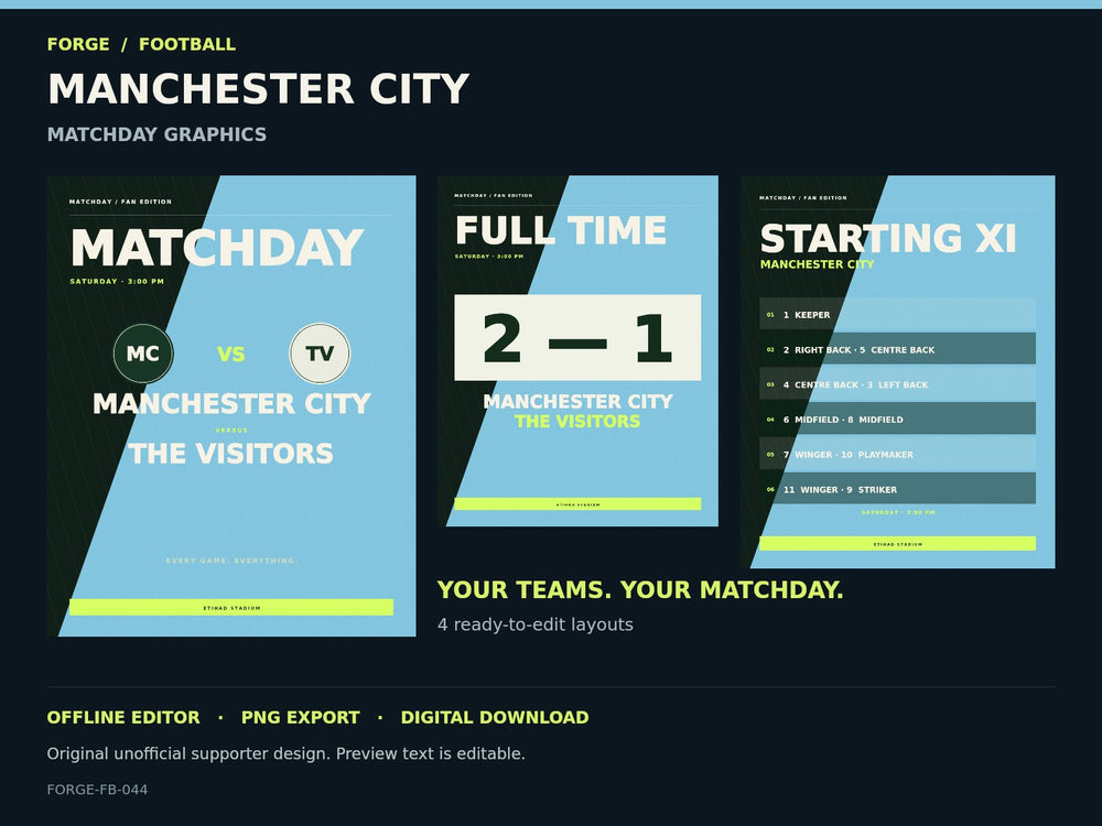 Manchester City Supporter Matchday Graphics Studio; actual editable designs; unofficial digital product