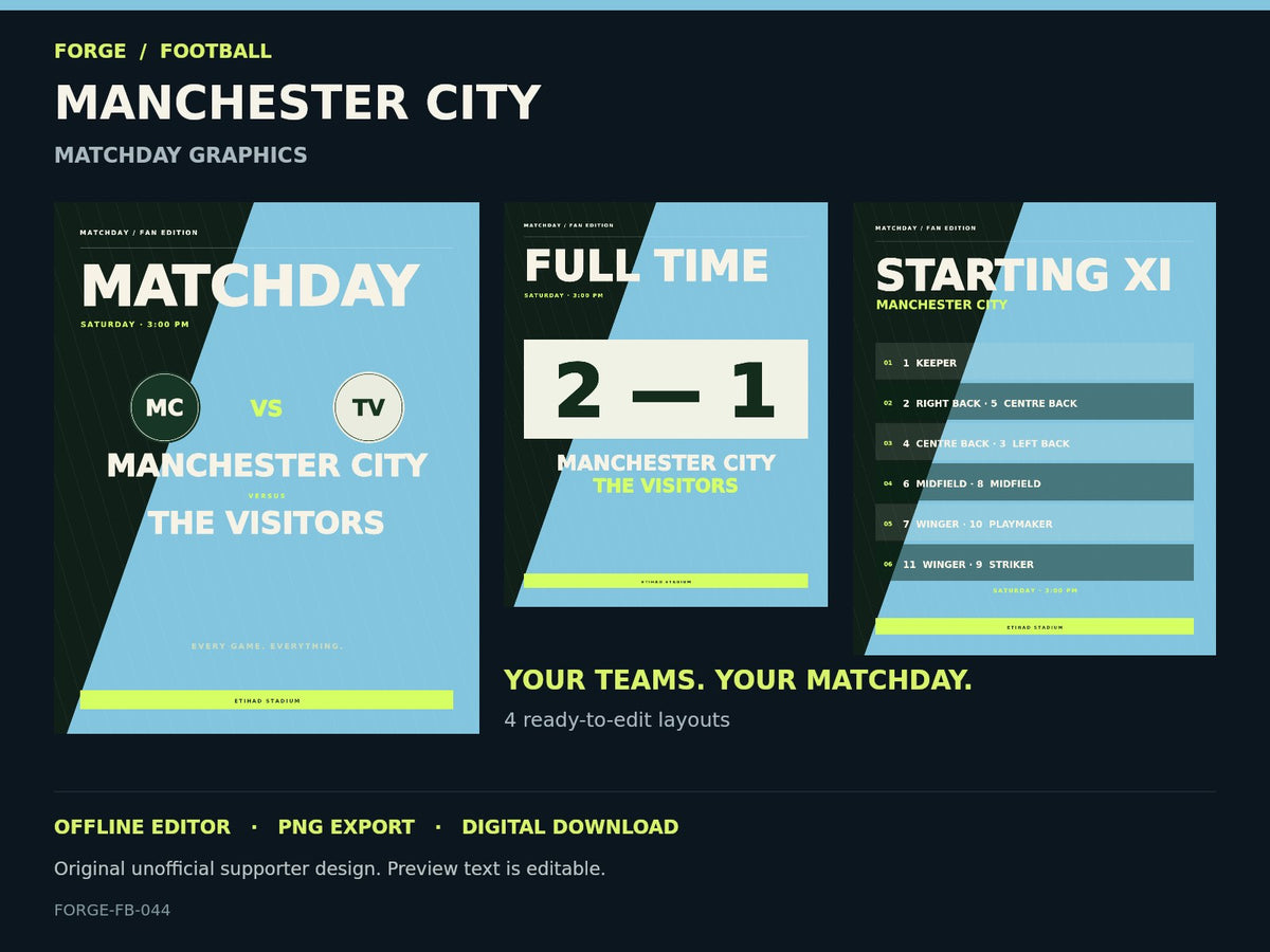 Manchester City Supporter Matchday Graphics Studio; actual editable designs; unofficial digital product