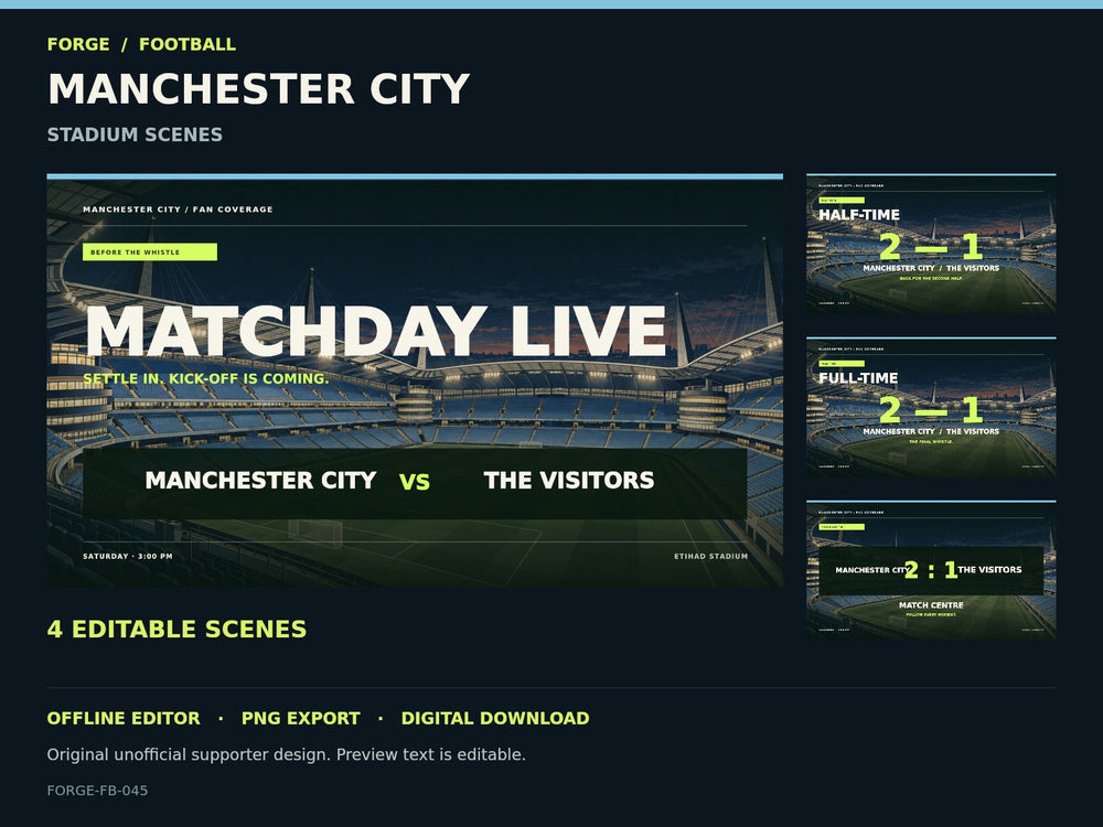 Manchester City Supporter Stadium Scene Studio; actual editable designs; unofficial digital product