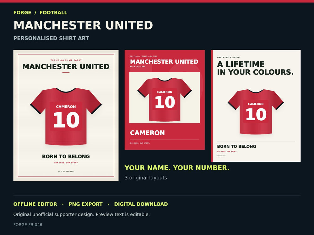 Manchester United Supporter Shirt Name Studio; actual editable designs; unofficial digital product