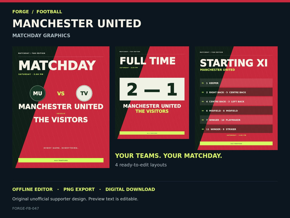 Manchester United Supporter Matchday Graphics Studio; actual editable designs; unofficial digital product