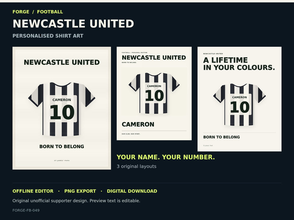 Newcastle United Supporter Shirt Name Studio; actual editable designs; unofficial digital product