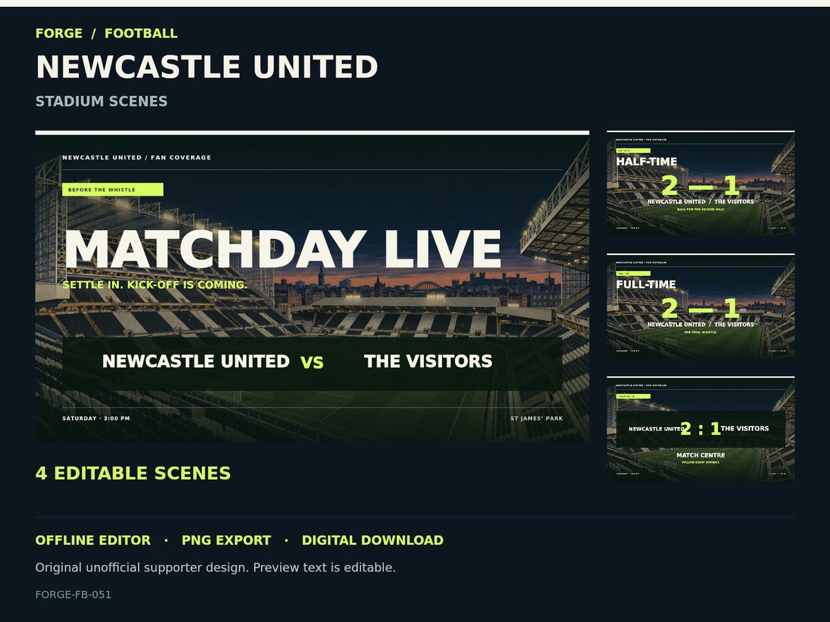 Newcastle United Supporter Stadium Scene Studio — actual editable design or tool preview; unofficial digital product