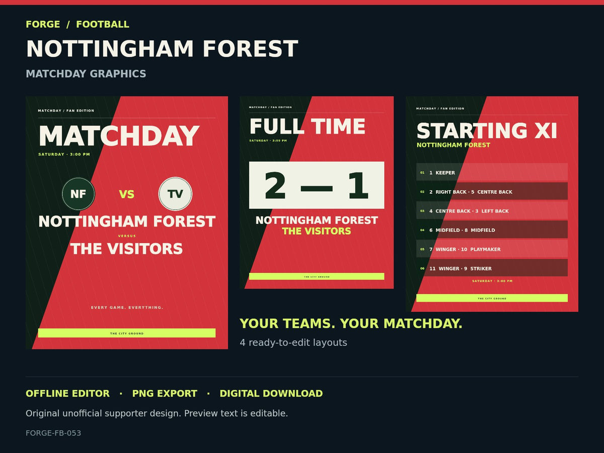 Nottingham Forest Supporter Matchday Graphics Studio — actual editable design or tool preview; unofficial digital product