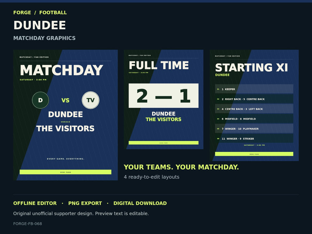 Dundee Supporter Matchday Graphics Studio — actual editable design or tool preview; unofficial digital product