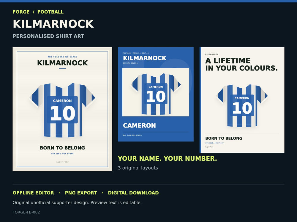 Kilmarnock Supporter Shirt Name Studio — actual editable design or tool preview; unofficial digital product