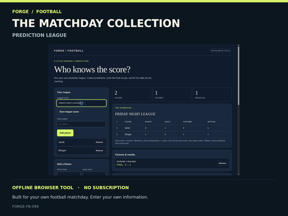Prediction League Organiser — actual editable design or tool preview; unofficial digital product