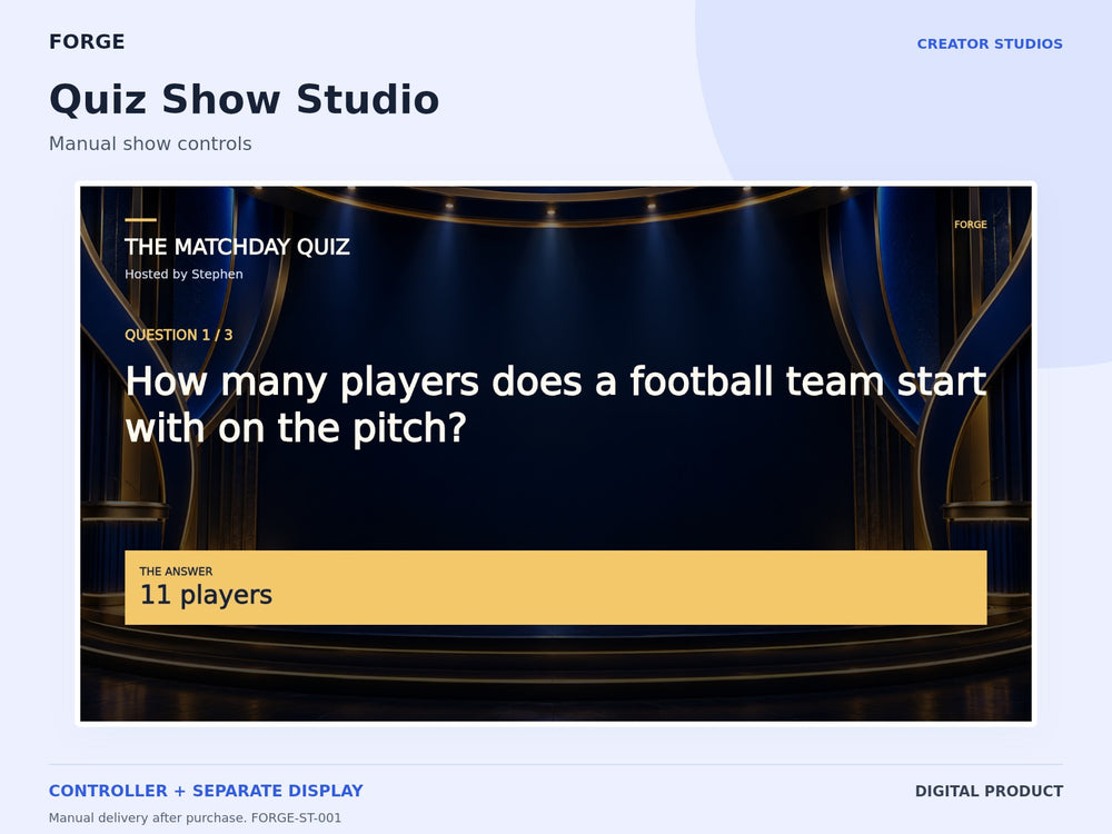 Quiz Show Studio — actual included designs and browser tool preview. Original FORGE digital product.