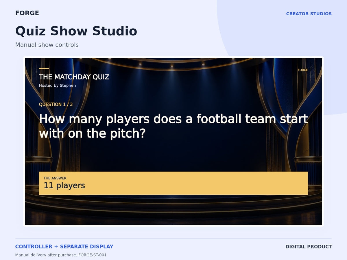 Quiz Show Studio — actual included designs and browser tool preview. Original FORGE digital product.