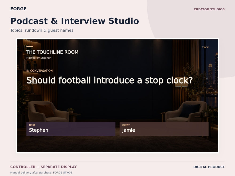 Podcast & Interview Studio — actual included designs and browser tool preview. Original FORGE digital product.
