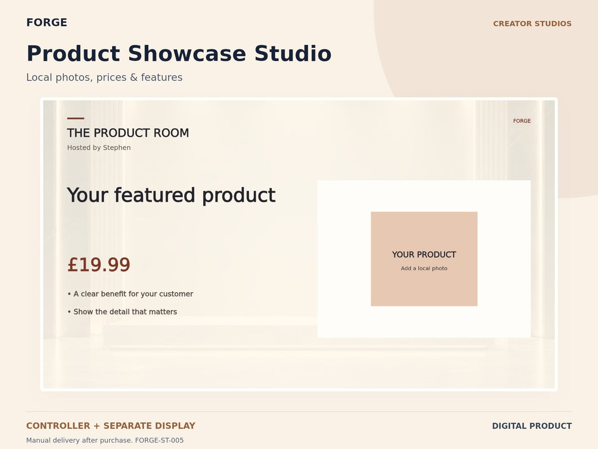 Product Showcase Studio — actual included designs and browser tool preview. Original FORGE digital product.