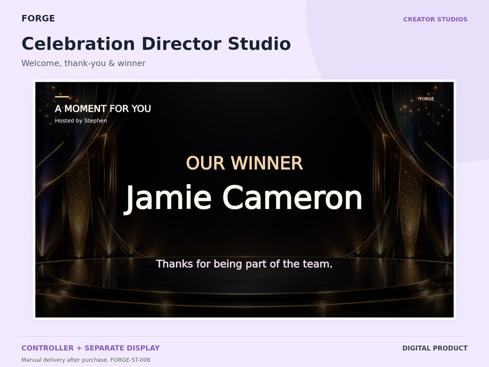 Celebration Director Studio — actual included designs and browser tool preview. Original FORGE digital product.