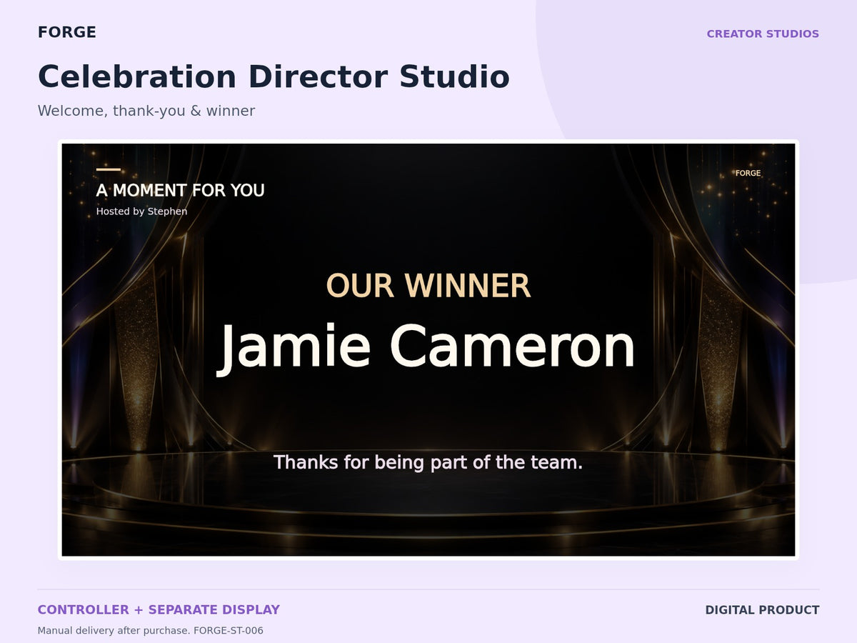 Celebration Director Studio — actual included designs and browser tool preview. Original FORGE digital product.